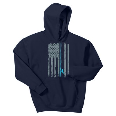 Distressed American Flag Fishing Pole Kids Hoodie