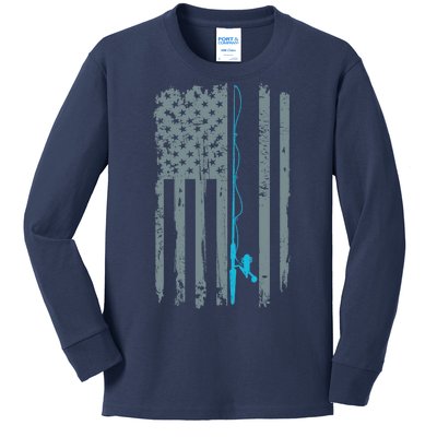 Distressed American Flag Fishing Pole Kids Long Sleeve Shirt