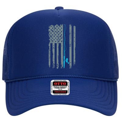 Distressed American Flag Fishing Pole High Crown Mesh Back Trucker Hat