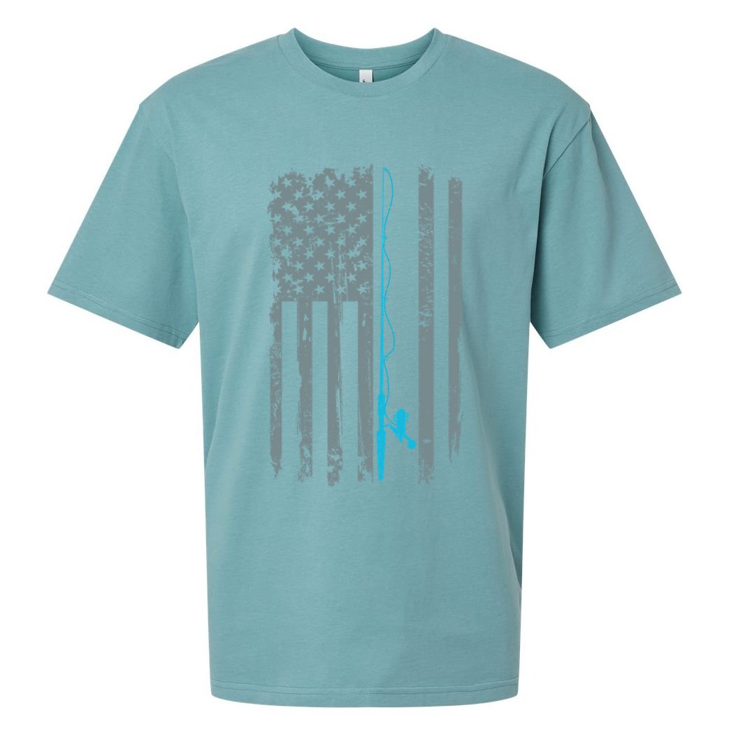 Distressed American Flag Fishing Pole Sueded Cloud Jersey T-Shirt