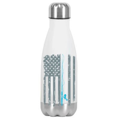 Distressed American Flag Fishing Pole Stainless Steel Insulated Water Bottle