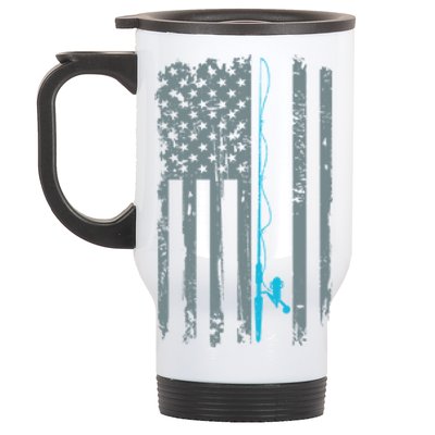 Distressed American Flag Fishing Pole Stainless Steel Travel Mug