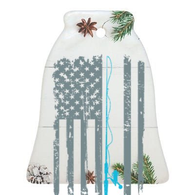 Distressed American Flag Fishing Pole Ceramic Bell Ornament