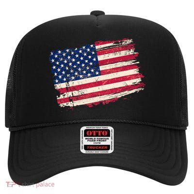 Distressed American US Flag High Crown Mesh Back Trucker Hat