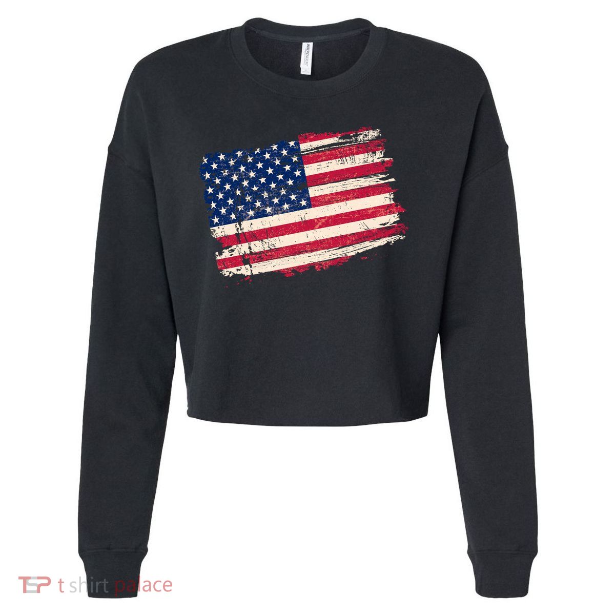 Distressed American US Flag Cropped Pullover Crew