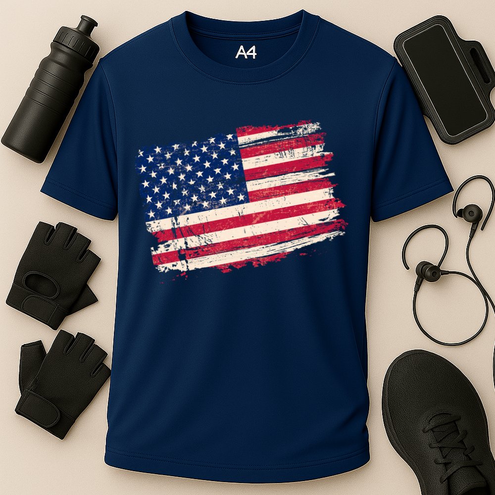 Distressed American US Flag Cooling Performance Crew T-Shirt