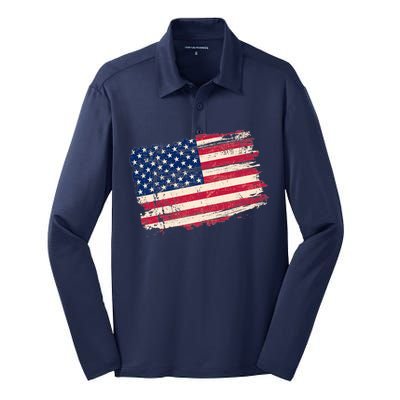 Distressed American US Flag Silk Touch Performance Long Sleeve Polo