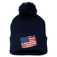 Distressed American US Flag Pom Pom 12in Knit Beanie