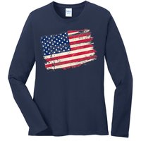 Distressed American US Flag Ladies Long Sleeve Shirt