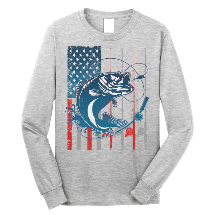 Distressed American USA Flag Bass Fishing Long Sleeve Shirt