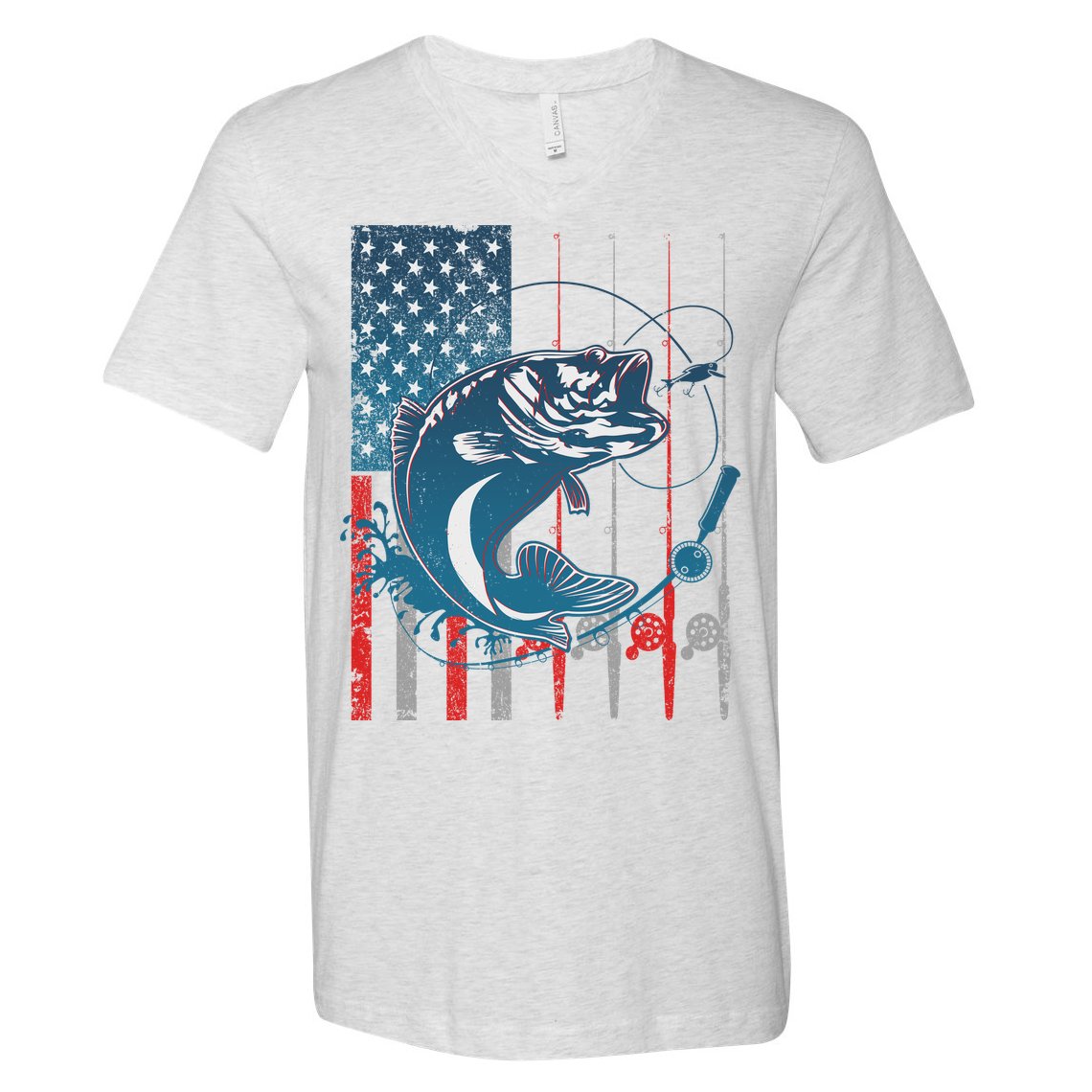 Distressed American USA Flag Bass Fishing V-Neck T-Shirt