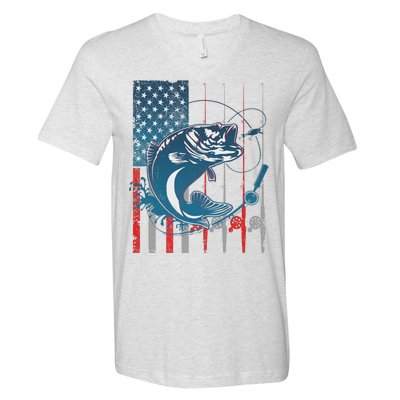 Distressed American USA Flag Bass Fishing V-Neck T-Shirt