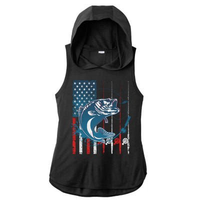 Distressed American USA Flag Bass Fishing Ladies PosiCharge Tri-Blend Wicking Draft Hoodie Tank