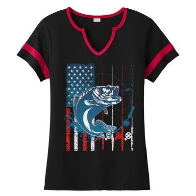 Distressed American USA Flag Bass Fishing Ladies Halftime Notch Neck Tee