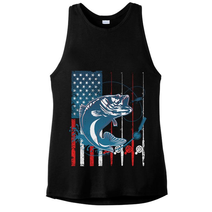 Distressed American USA Flag Bass Fishing Ladies PosiCharge Tri-Blend Wicking Tank
