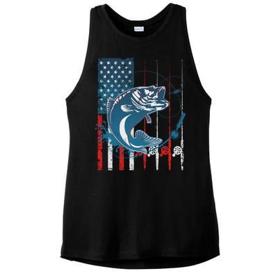 Distressed American USA Flag Bass Fishing Ladies PosiCharge Tri-Blend Wicking Tank