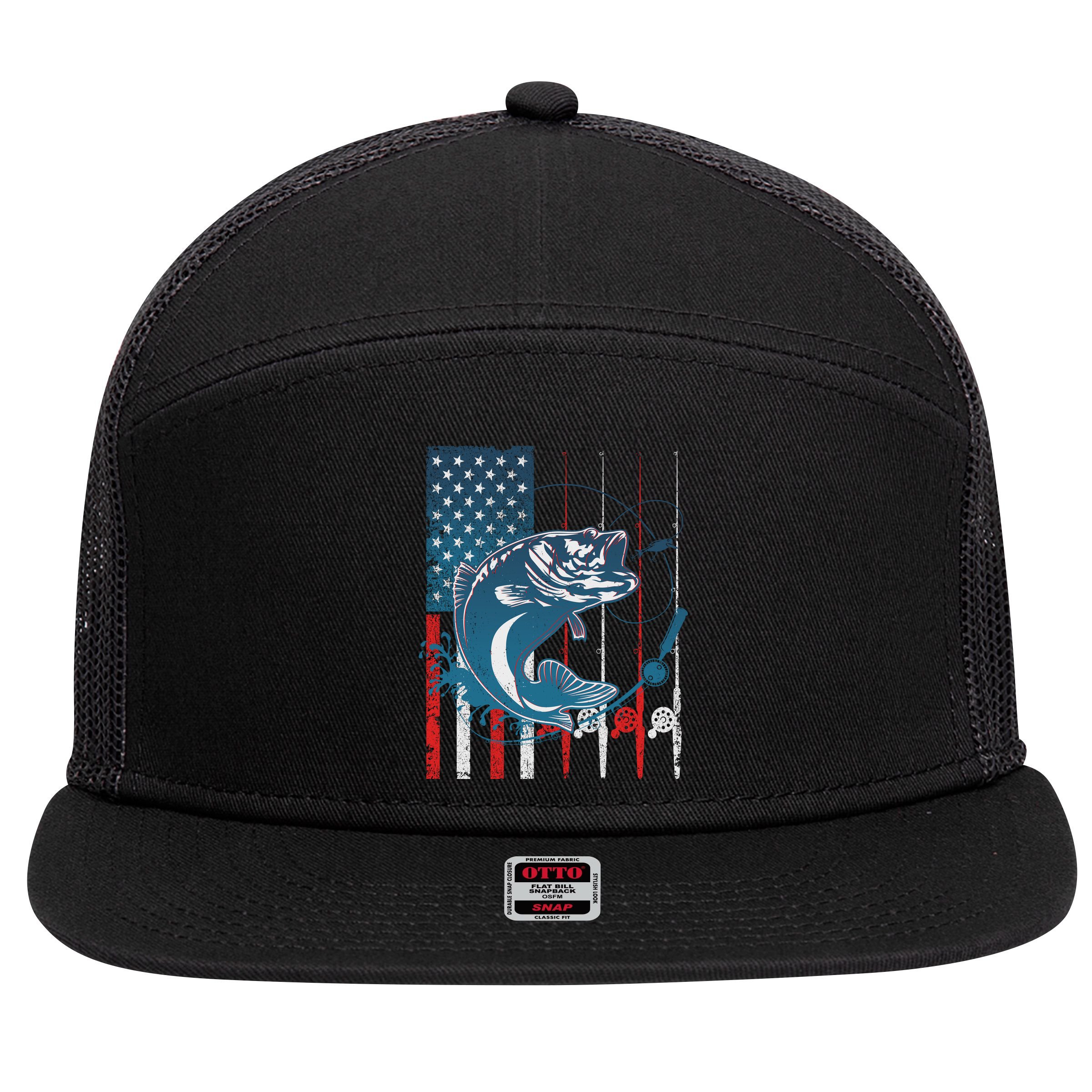 Distressed American USA Flag Bass Fishing 7 Panel Mesh Trucker Snapback Hat