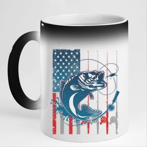 Distressed American USA Flag Bass Fishing 11oz Black Color Changing Mug