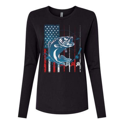 Distressed American USA Flag Bass Fishing Womens Cotton Relaxed Long Sleeve T-Shirt