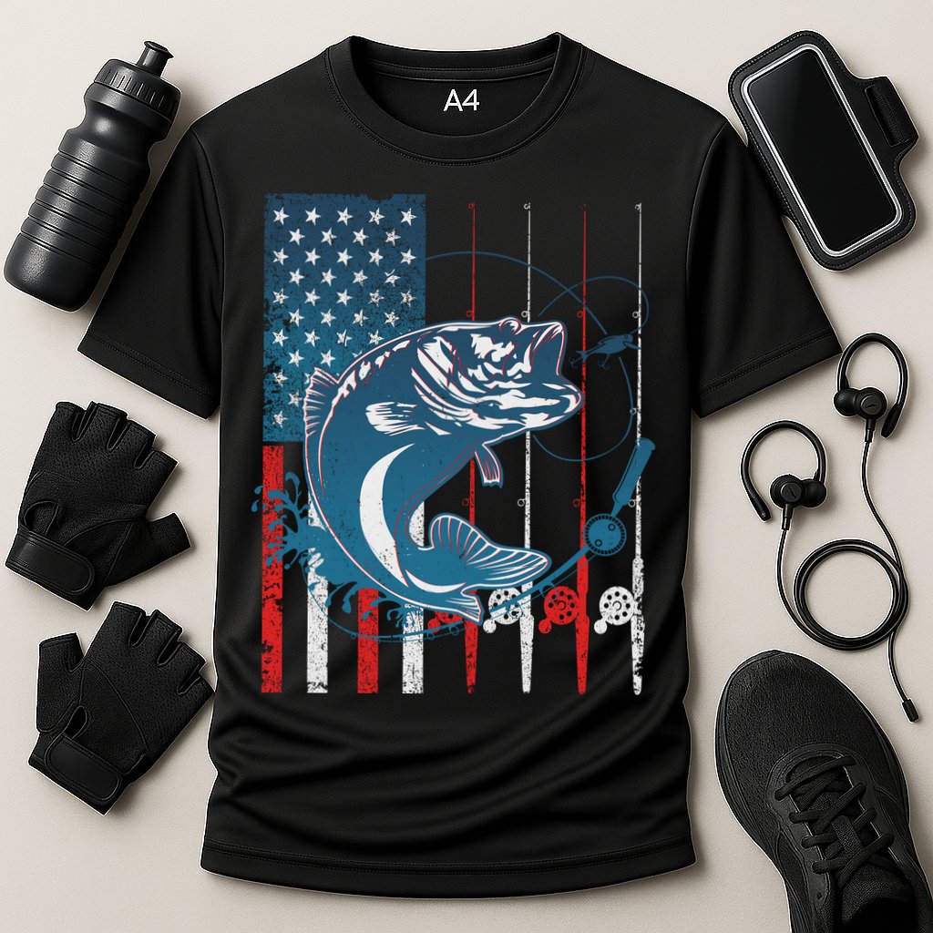 Distressed American USA Flag Bass Fishing Cooling Performance Crew T-Shirt