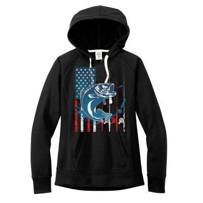 Distressed American USA Flag Bass Fishing Women's Fleece Hoodie