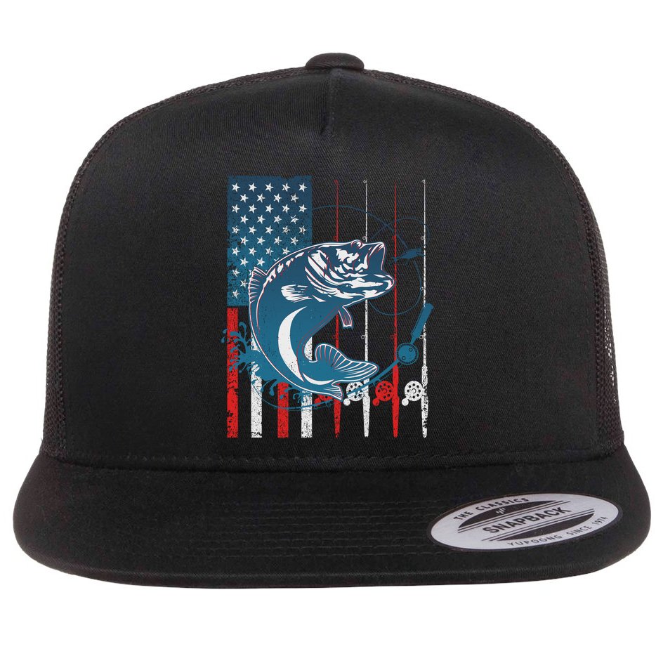 Distressed American USA Flag Bass Fishing Flat Bill Trucker Hat