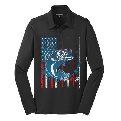 Distressed American USA Flag Bass Fishing Silk Touch Performance Long Sleeve Polo