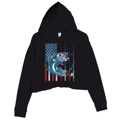 Distressed American USA Flag Bass Fishing Crop Fleece Hoodie