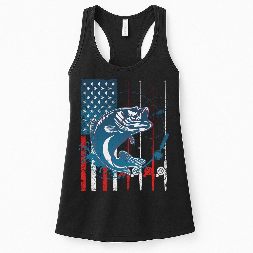 Distressed American USA Flag Bass Fishing Womens Tank Top
