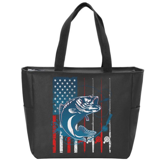 Distressed American USA Flag Bass Fishing Zip Tote Bag
