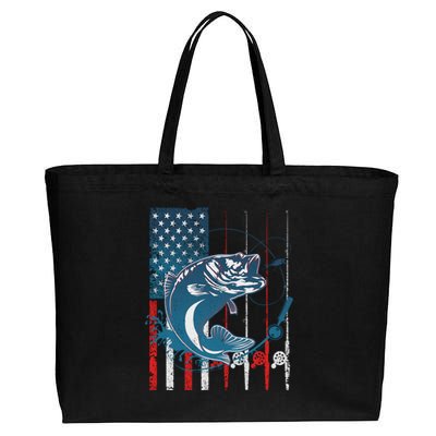 Distressed American USA Flag Bass Fishing Cotton Canvas Jumbo Tote