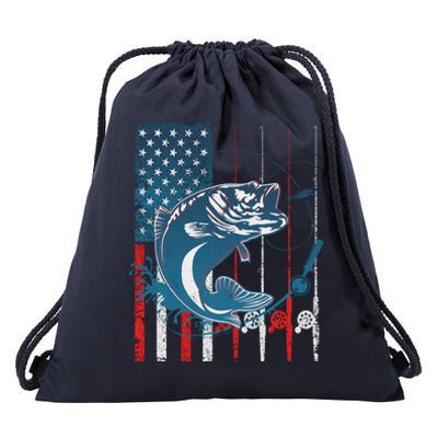 Distressed American USA Flag Bass Fishing Drawstring Bag