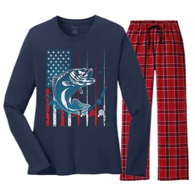 Distressed American USA Flag Bass Fishing Women's Long Sleeve Flannel Pajama Set 