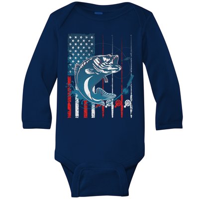 Distressed American USA Flag Bass Fishing Baby Long Sleeve Bodysuit