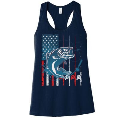 Distressed American USA Flag Bass Fishing Women's Racerback Tank