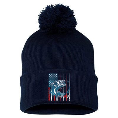 Distressed American USA Flag Bass Fishing Pom Pom 12in Knit Beanie