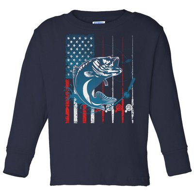 Distressed American USA Flag Bass Fishing Toddler Long Sleeve Shirt