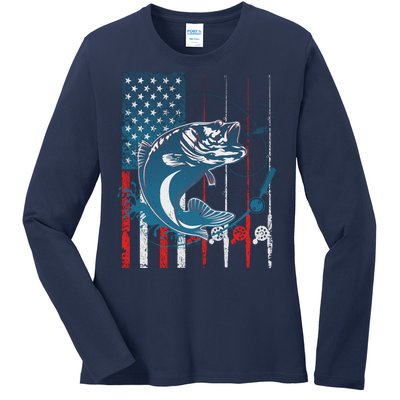 Distressed American USA Flag Bass Fishing Ladies Long Sleeve Shirt