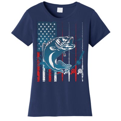 Distressed American USA Flag Bass Fishing Women's T-Shirt