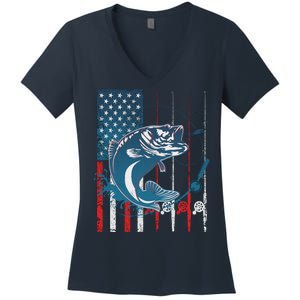 Distressed American USA Flag Bass Fishing Women's V-Neck T-Shirt