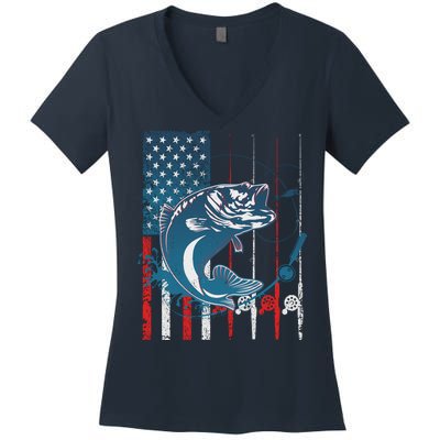 Distressed American USA Flag Bass Fishing Women's V-Neck T-Shirt