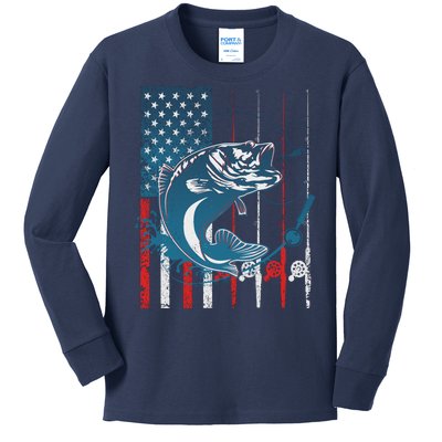 Distressed American USA Flag Bass Fishing Kids Long Sleeve Shirt