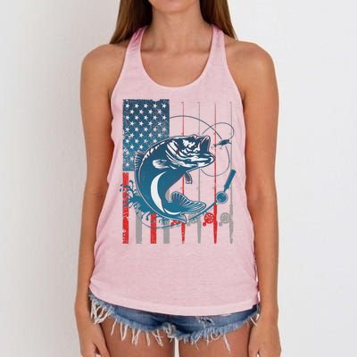 Distressed American USA Flag Bass Fishing Women's Knotted Racerback Tank