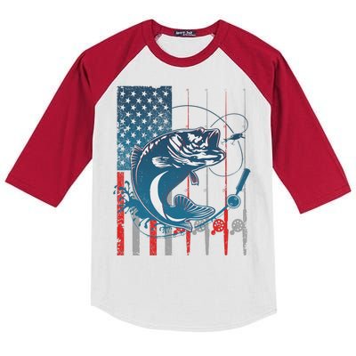 Distressed American USA Flag Bass Fishing Kids Colorblock Raglan Jersey