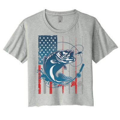 Distressed American USA Flag Bass Fishing Women's Crop Top Tee