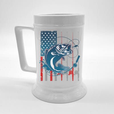 Distressed American USA Flag Bass Fishing Beer Stein