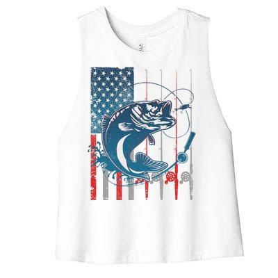 Distressed American USA Flag Bass Fishing Women's Racerback Cropped Tank