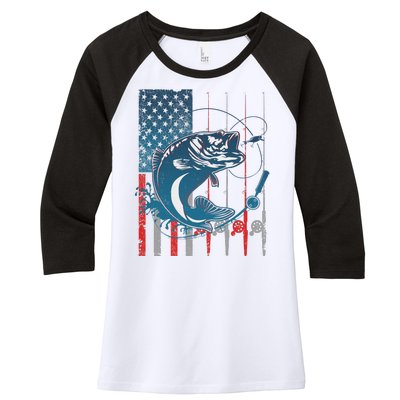 Distressed American USA Flag Bass Fishing Women's Tri-Blend 3/4-Sleeve Raglan Shirt