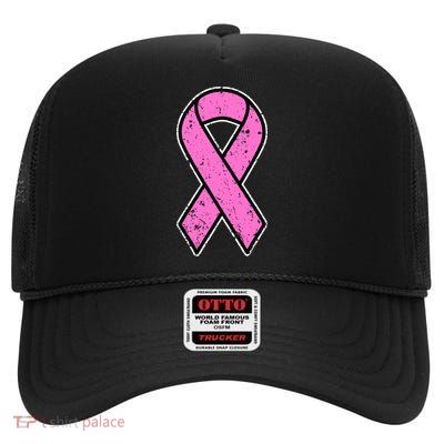 Distressed Breast Cancer Awareness Pink Ribbon High Crown Mesh Back Trucker Hat