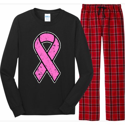 Distressed Breast Cancer Awareness Pink Ribbon Long Sleeve Pajama Set